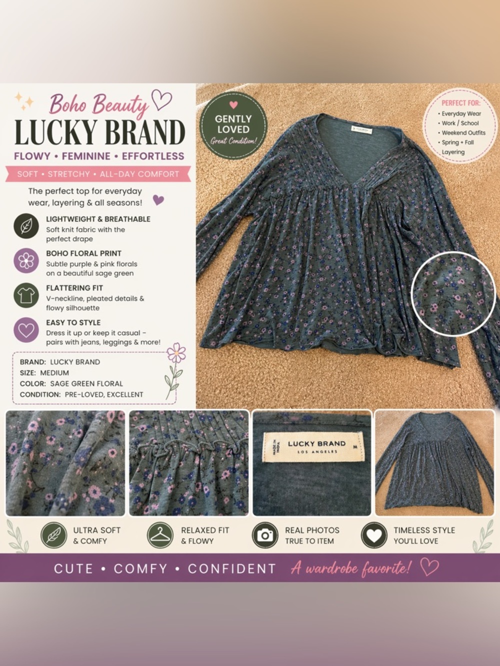 Lucky Brand Sage Green Floral Long Sleeve Peasant Top